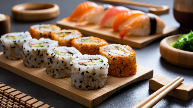 Sushi set on bamboo plate